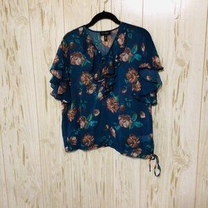 Jessica Simpson Floral Ruffle Blouse Size Medium Blue Brown Short Sleeves Sheer